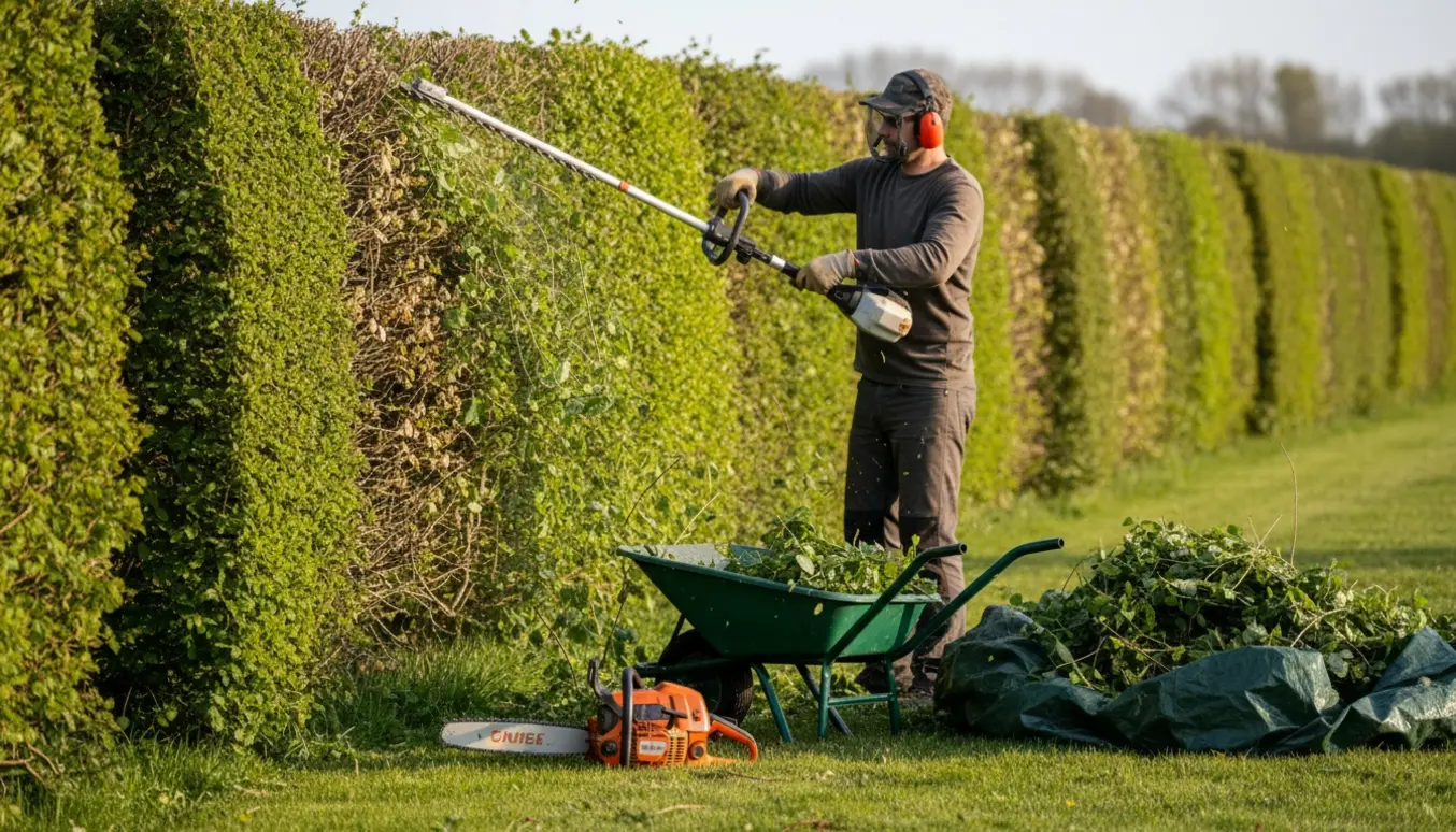 Nærbillede af topklipning af en lang bøgehæk med motortrimmer, afklip samlet i trillebør og på presenning.