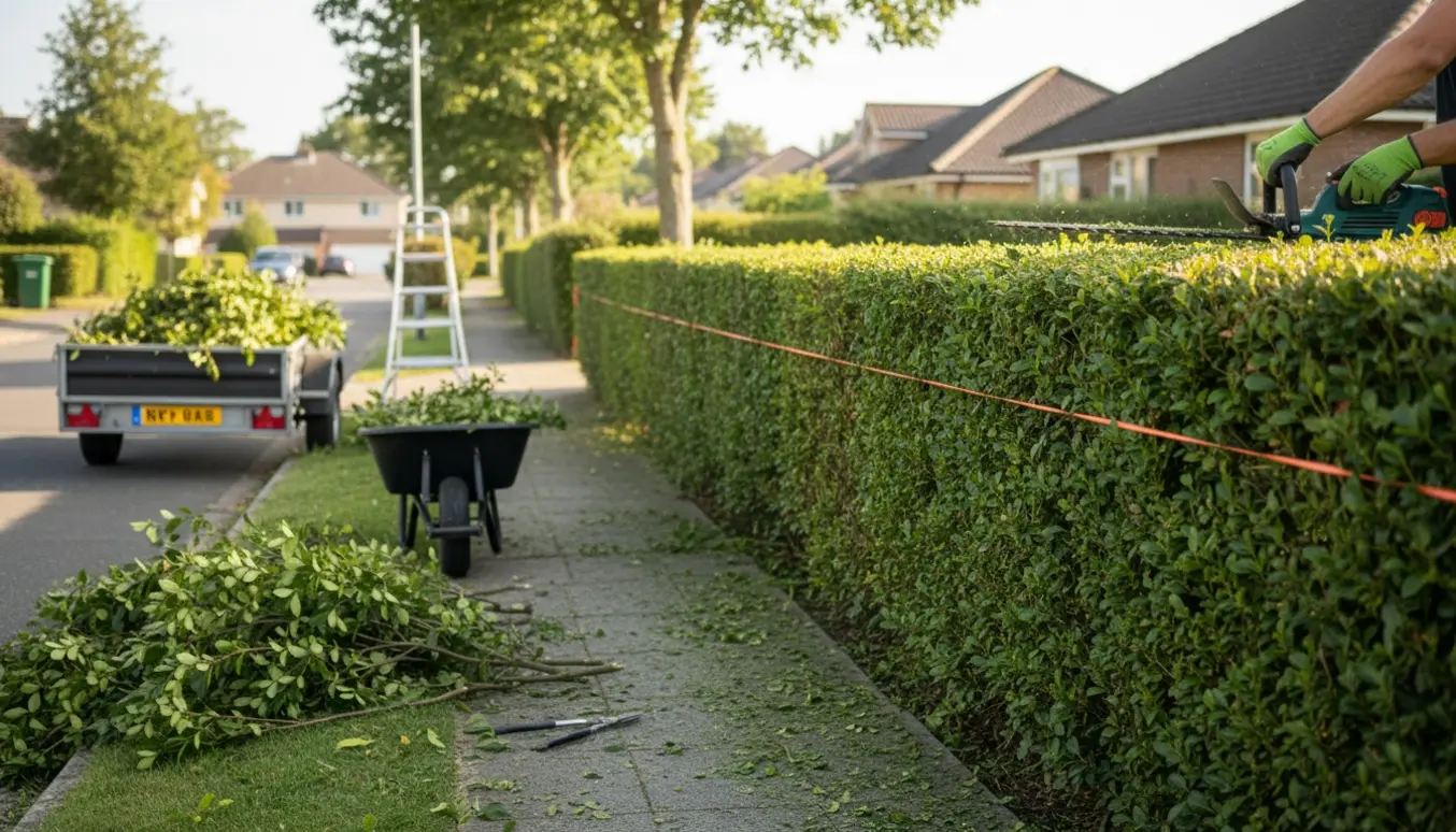 Nyklippet hæk langs fortovet med handsker, hækkeklipper og en bunke grene klar til bortkørsel.