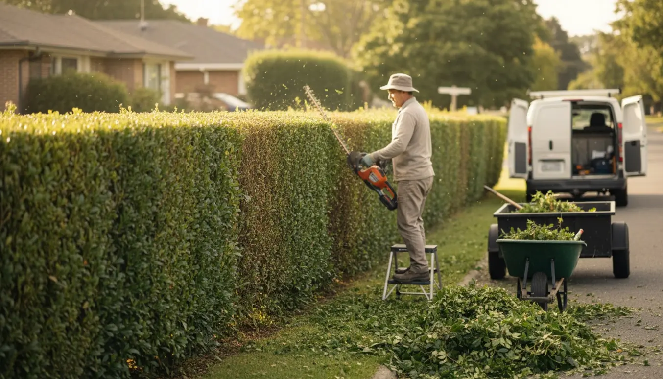 Lang hæk bliver klippet fra toppen og siden, med afklip samlet til bortkørsel.