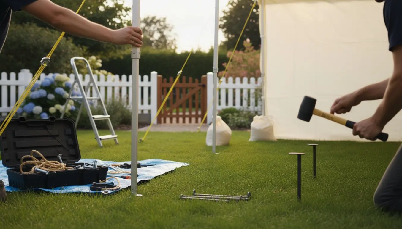Opsætning af 3 x 6 m partytelt i have med stormsæt, to personer arbejder med pæle, barduner og værktøj.