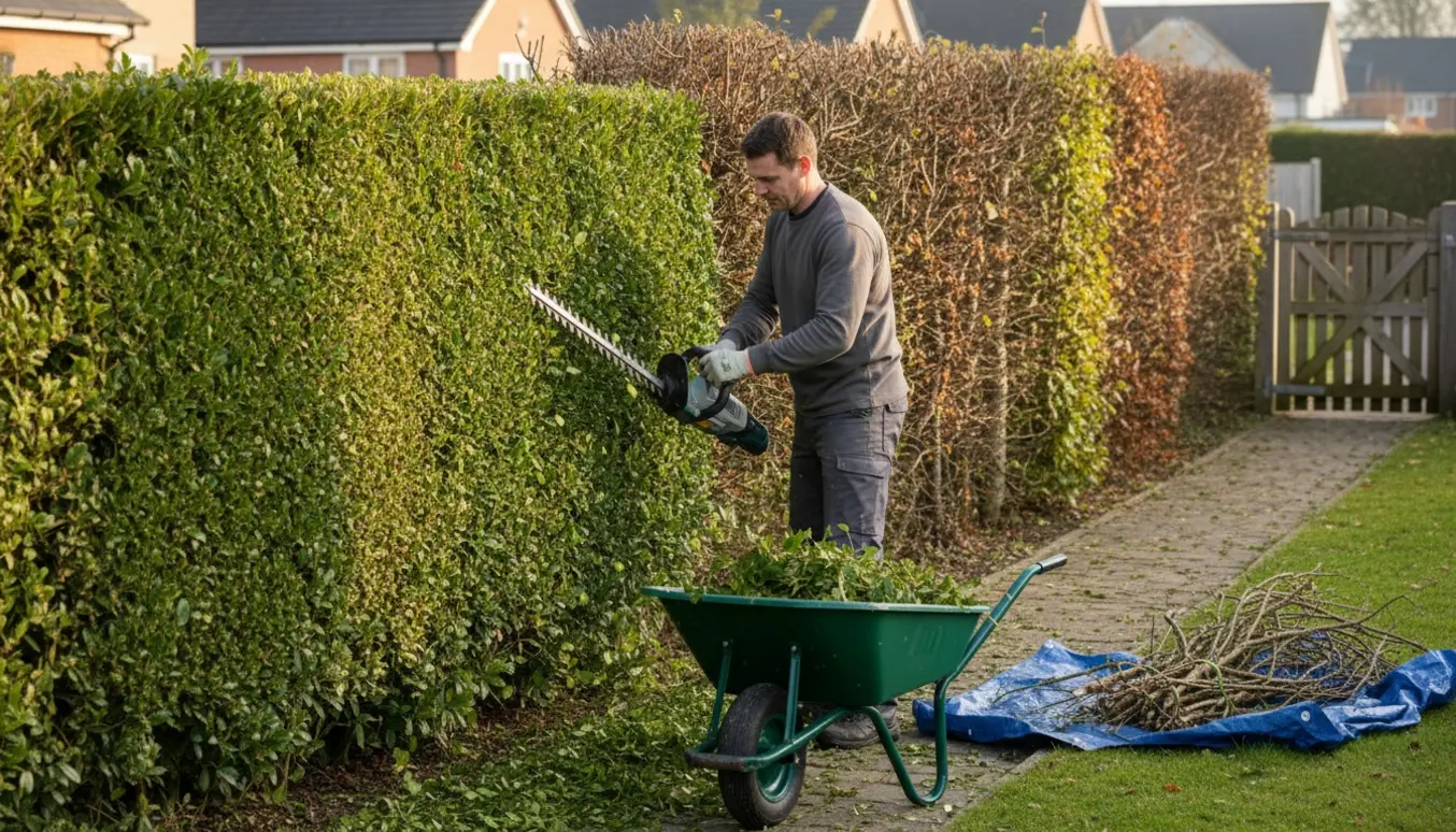 Hækkeklipning af liguster- og bøgehæk med hækkeklipper og opsamling af klippeaffald.