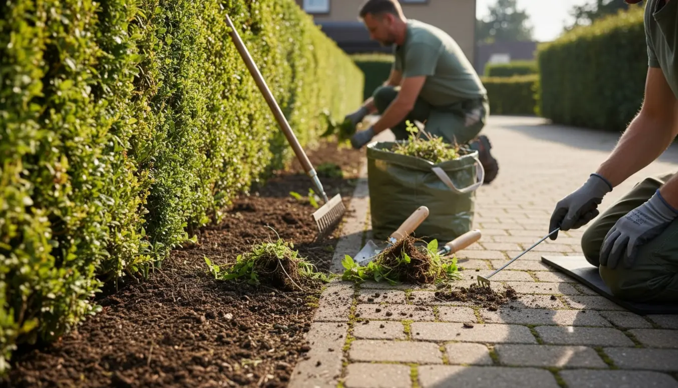 Person fjerner ukrudt under en hæk og mellem herregårdssten på en solrig morgen.