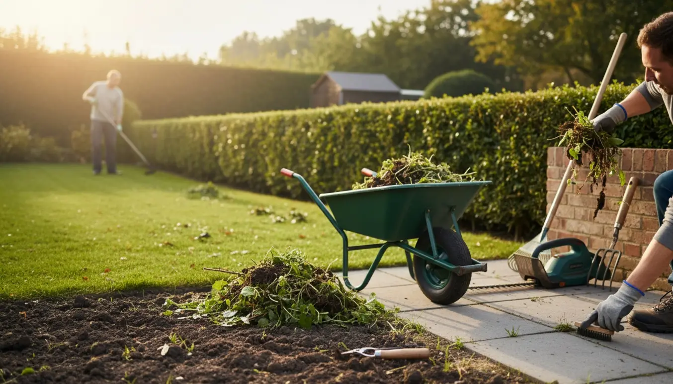 En havearbejder klipper en lang hæk og fjerner ukrudt ved fliserne med redskaber og en trillebør i forgrunden.