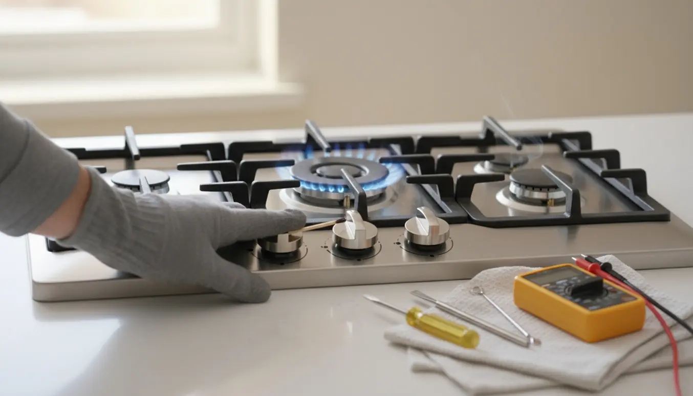 Nærbillede af et rustfrit gaskomfur i et lyst køkken med to blus, der kun holder, mens en knap holdes nede, og værktøj til fejlsøgning ved siden af.