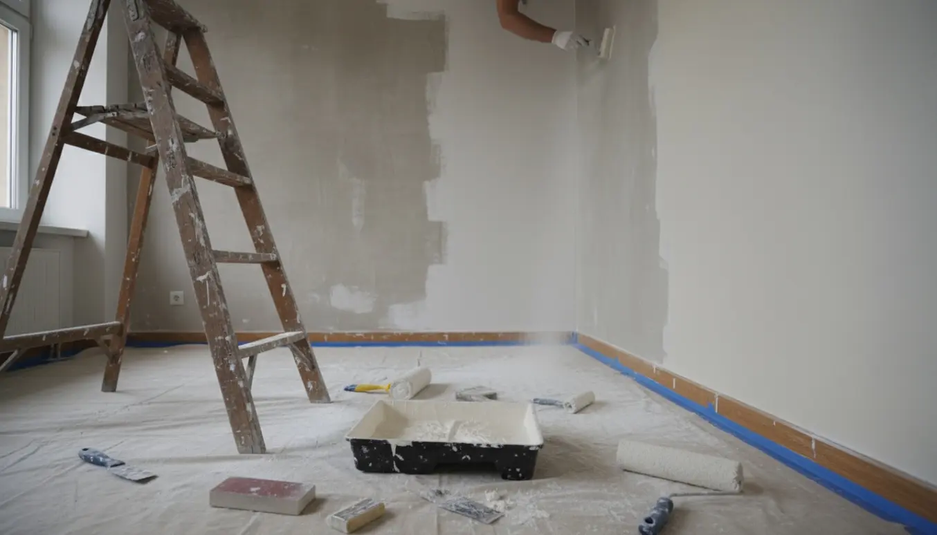 Trappestige, malergrej og en delvist nymalet væg med slebet spartelmasse i et lyst rum.