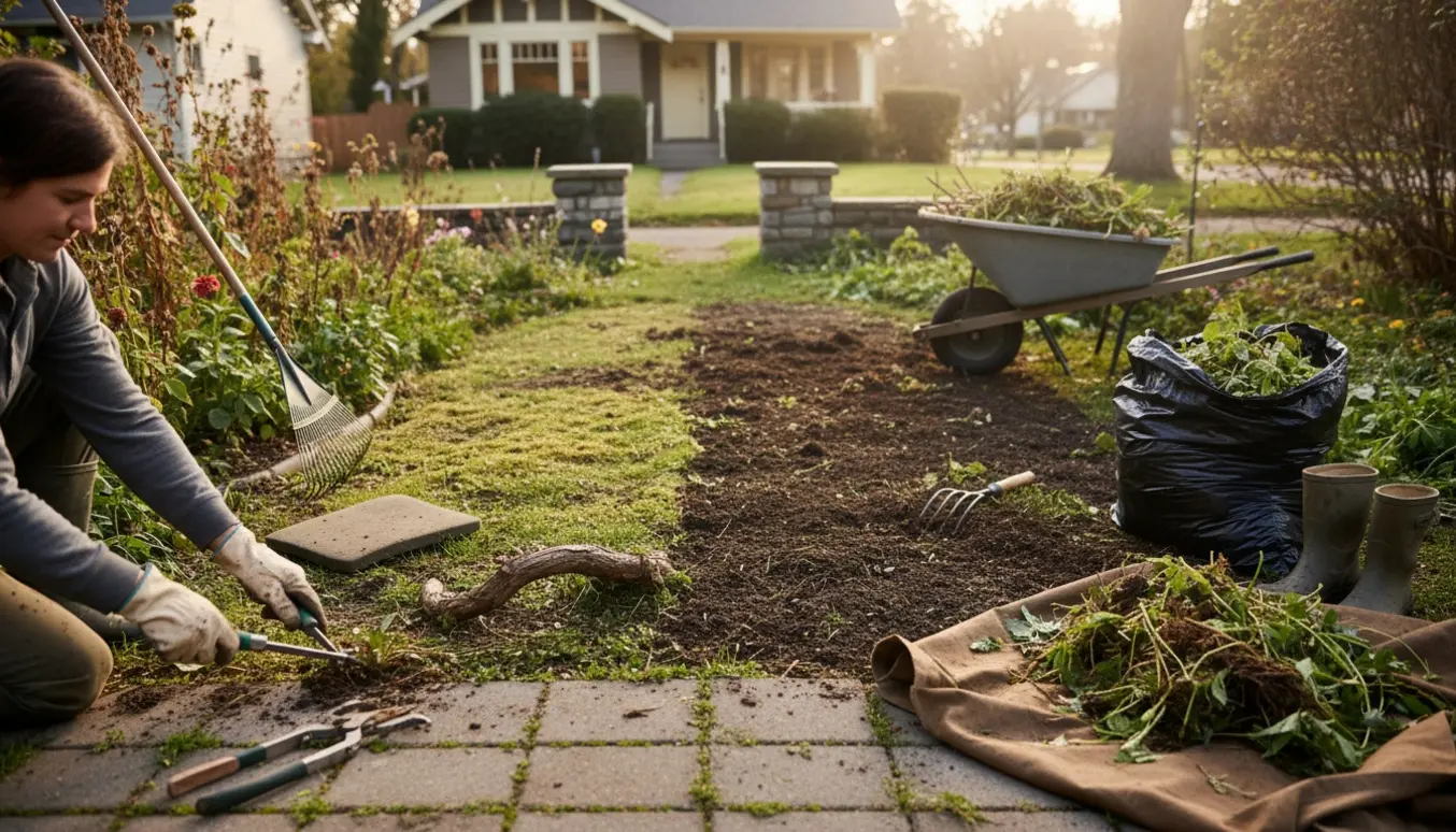 En lille forhave på ca. 50 m², hvor ukrudt fjernes og buske beskæres med værktøj og en trillebør ved siden af.