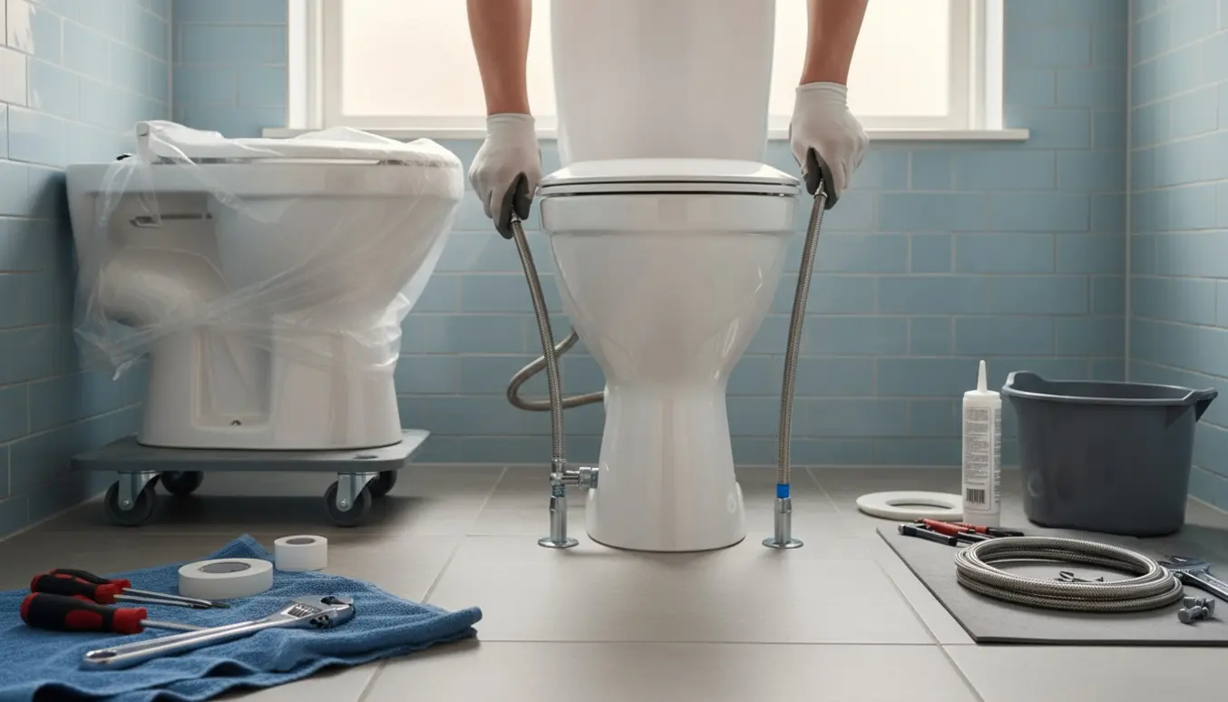 Installation af nyt gulvstående toilet i et lyst badeværelse, håndværker forbinder vandtilslutning.