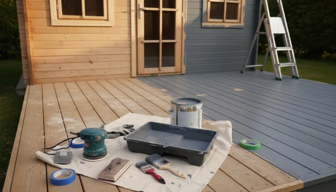 Sommerhus med træterrasse halvmalet grå og værktøj ved vinduerne under slibning.