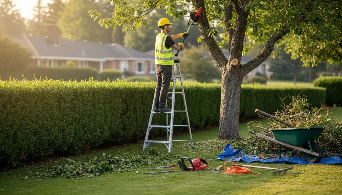 Person beskærer hæk og trimmer trægrene i en velholdt have med beskårne grene samlet til siden.
