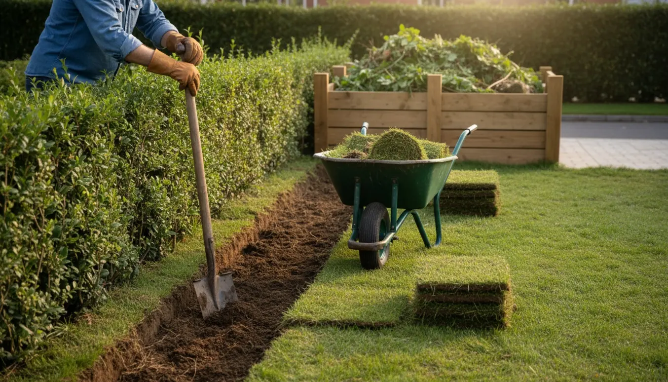 Nærbillede af en udgravet 40 cm bred rabat langs en hæk med spade og trillebør.