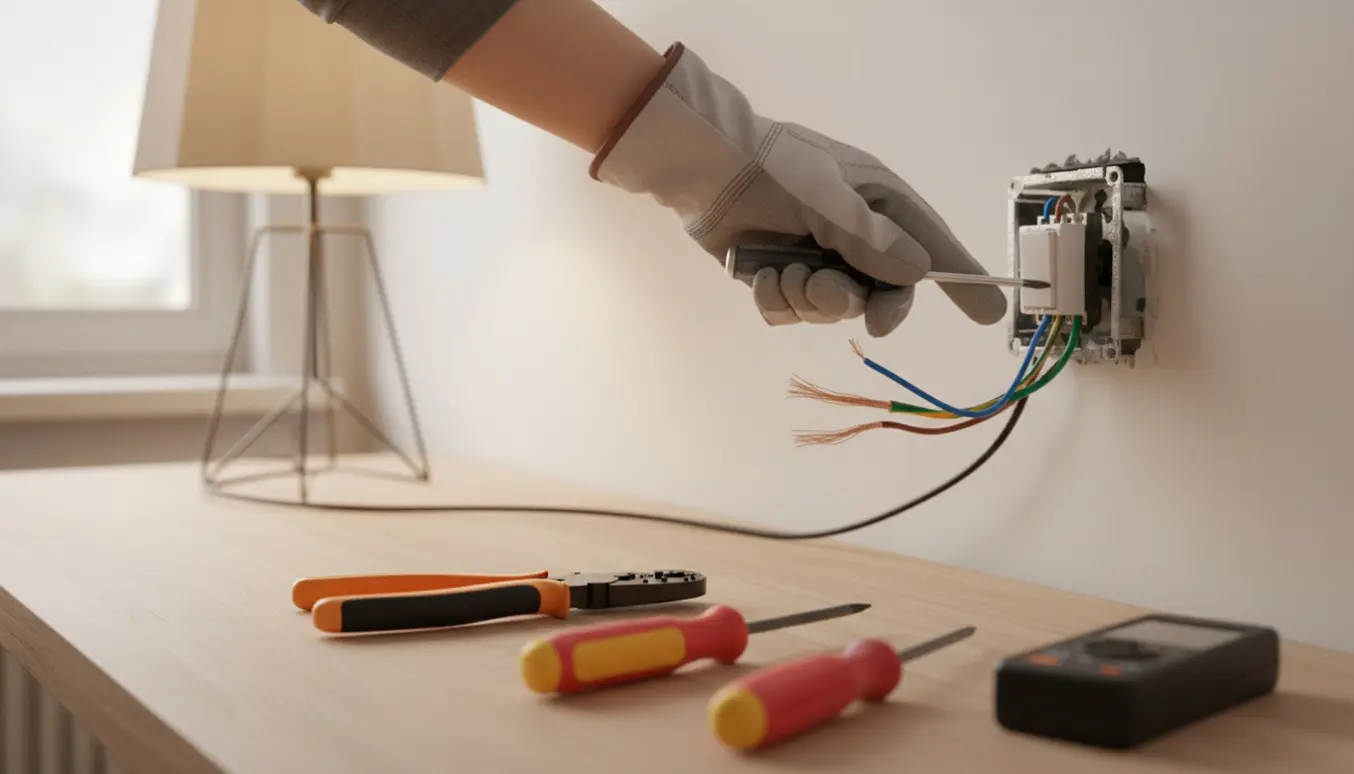 Nærbillede af hænder i handsker, der monterer en afbryder i en åben vægstikkontakt med værktøj og en slukket lampe i baggrunden.