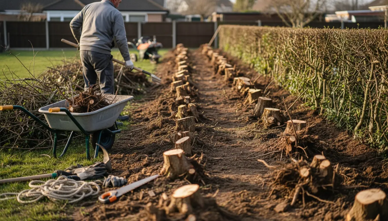 Delvist fjernet 13 m tjørnehæk med eksponerede rodknolde og værktøj i en privat have.
