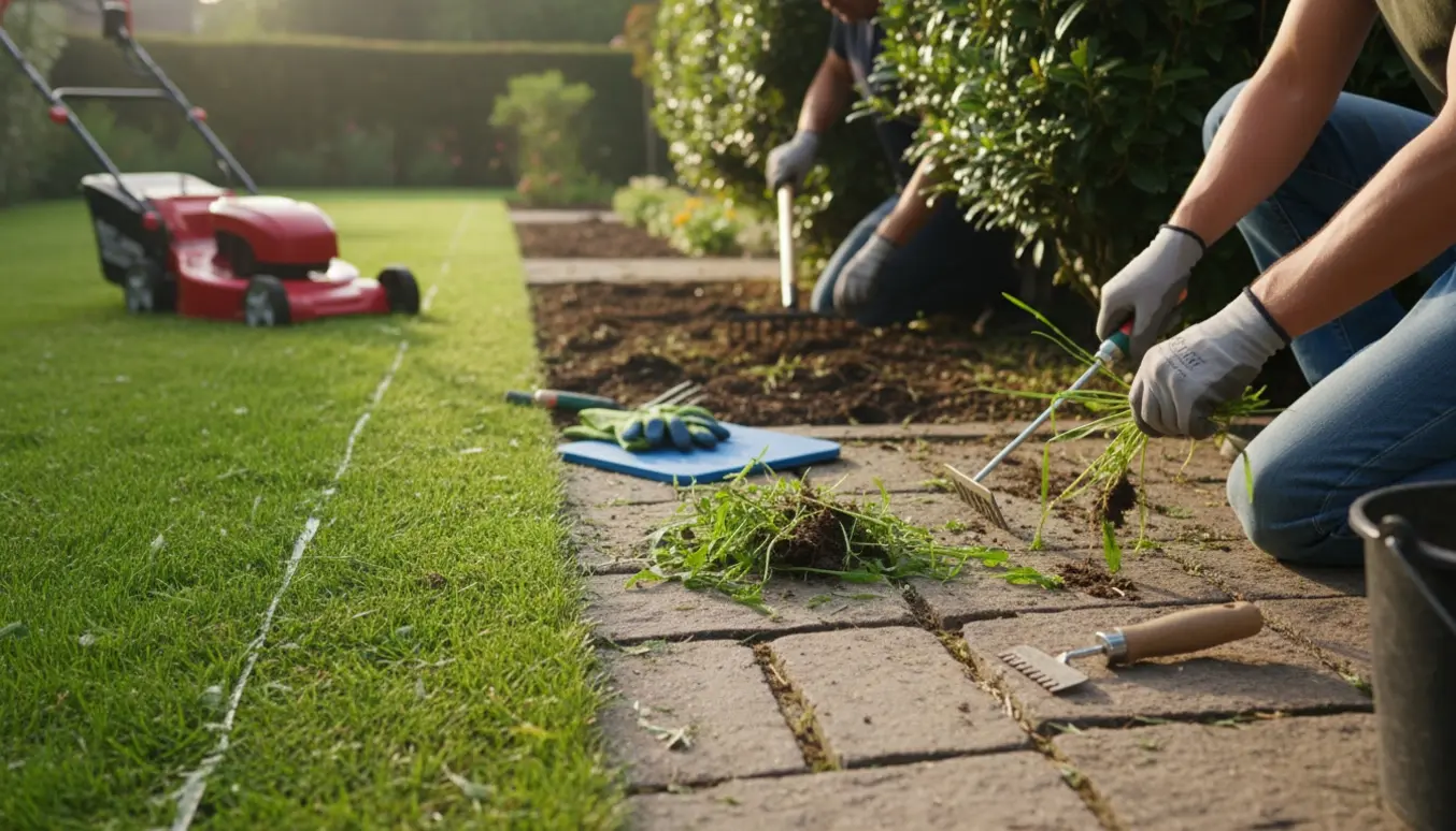 Solbelyst baghavebillede med handsker, håndredskaber, nyslået plæne og ukrudt, der fjernes mellem fliserne.