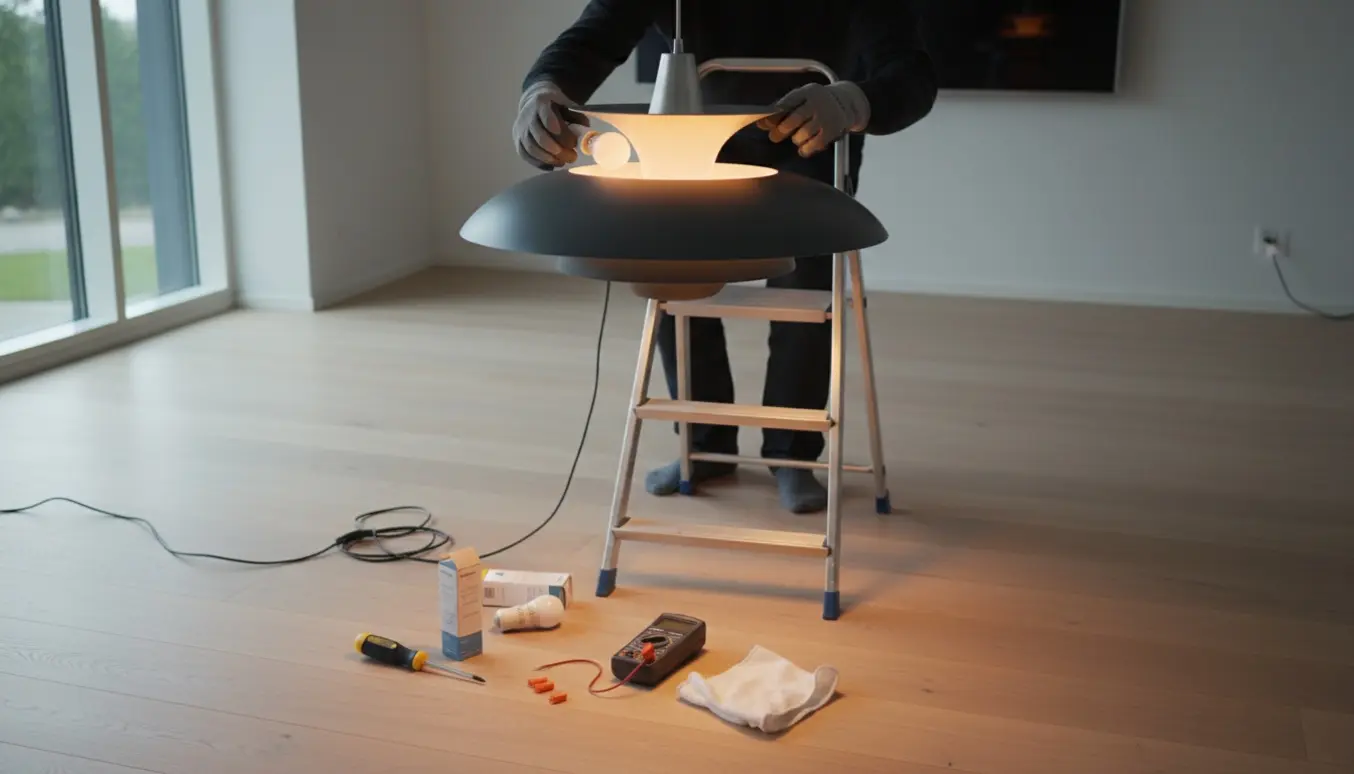 Hænder på en stige udskifter en pære i en PH-stammekrone, hvor to skærme er mørke, med værktøj lagt frem.