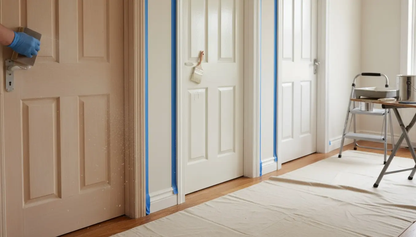 Tre hvide døre og dørkarme under slibning og maling med pensel, maling og afdækning i et lyst gangrum.