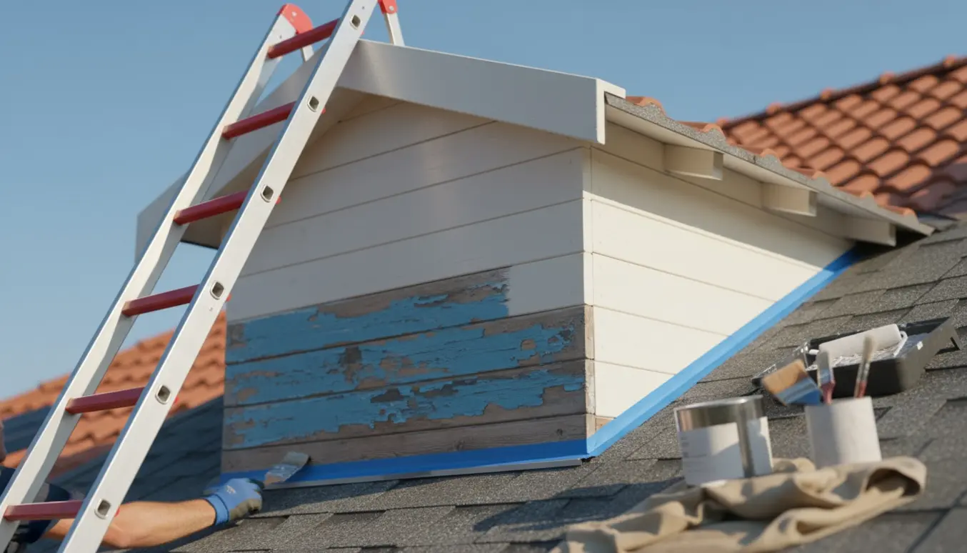 Nærbillede af hænder, der maler en kvist med en pensel, åben malerbøtte og stige i baggrunden.