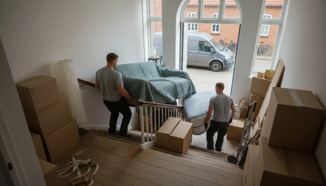 Flyttefolk bærer sofa og en nedpakket elevationsseng ned ad opgangstrappen ved stabler af flyttekasser.