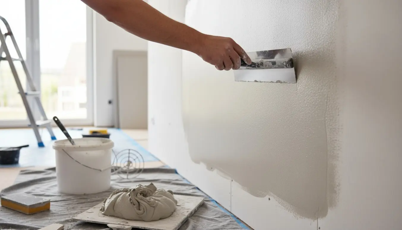 Hænder glatter fuldsparkel på en fibergipsvæg i et lyst, ryddeligt rum.