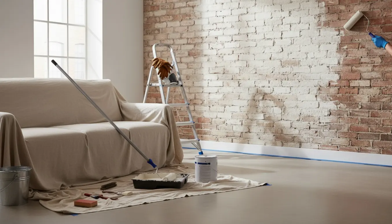 Delvist malet grov murstensvæg i en stue med malerværktøj og afdækning.