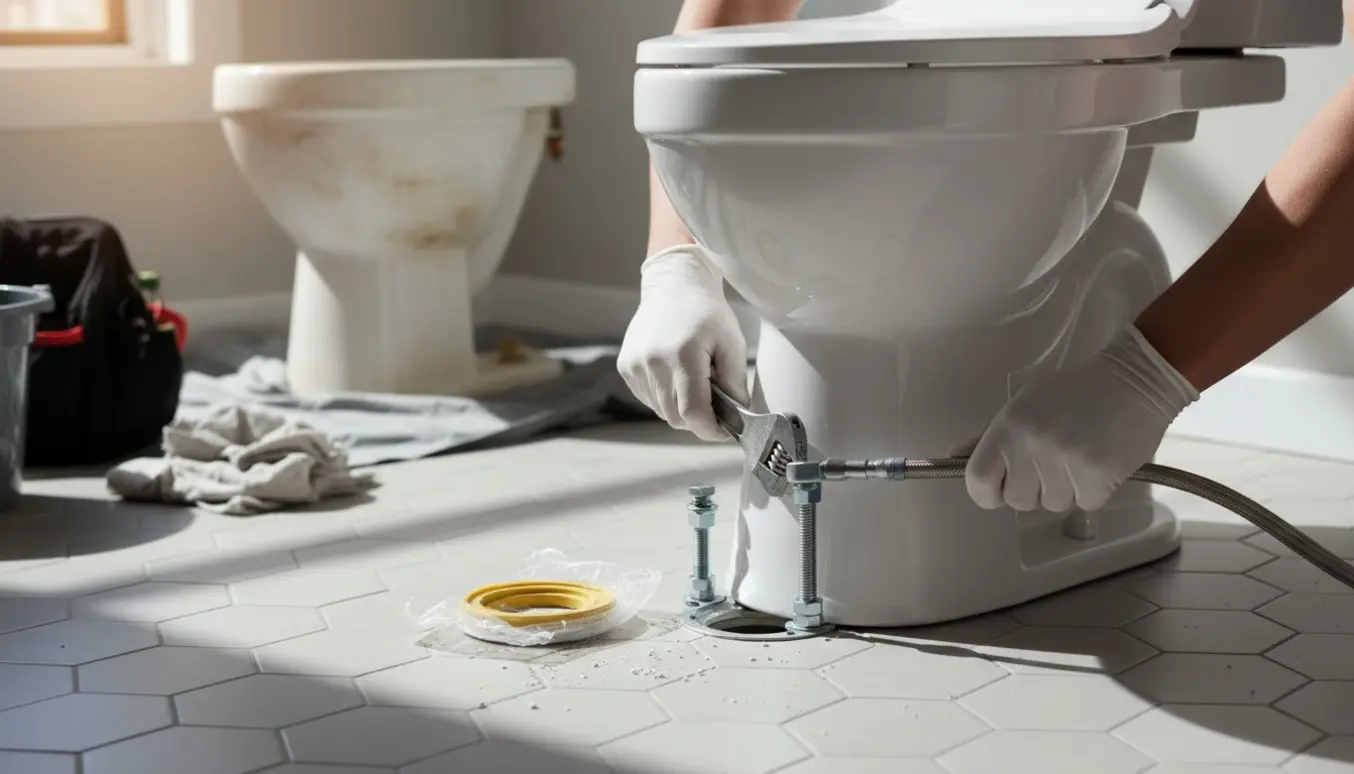 Nærbillede af håndværkerhænders installation af et nyt hvidt toilet i et lyst badeværelse.
