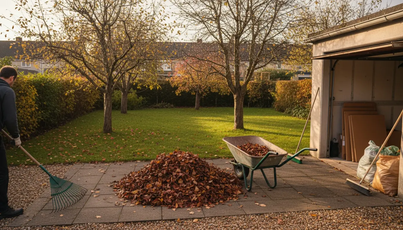 Efterårsoprydning i have med rive, trillebør, sække med haveaffald og sammenlagte papkasser ved garagen.