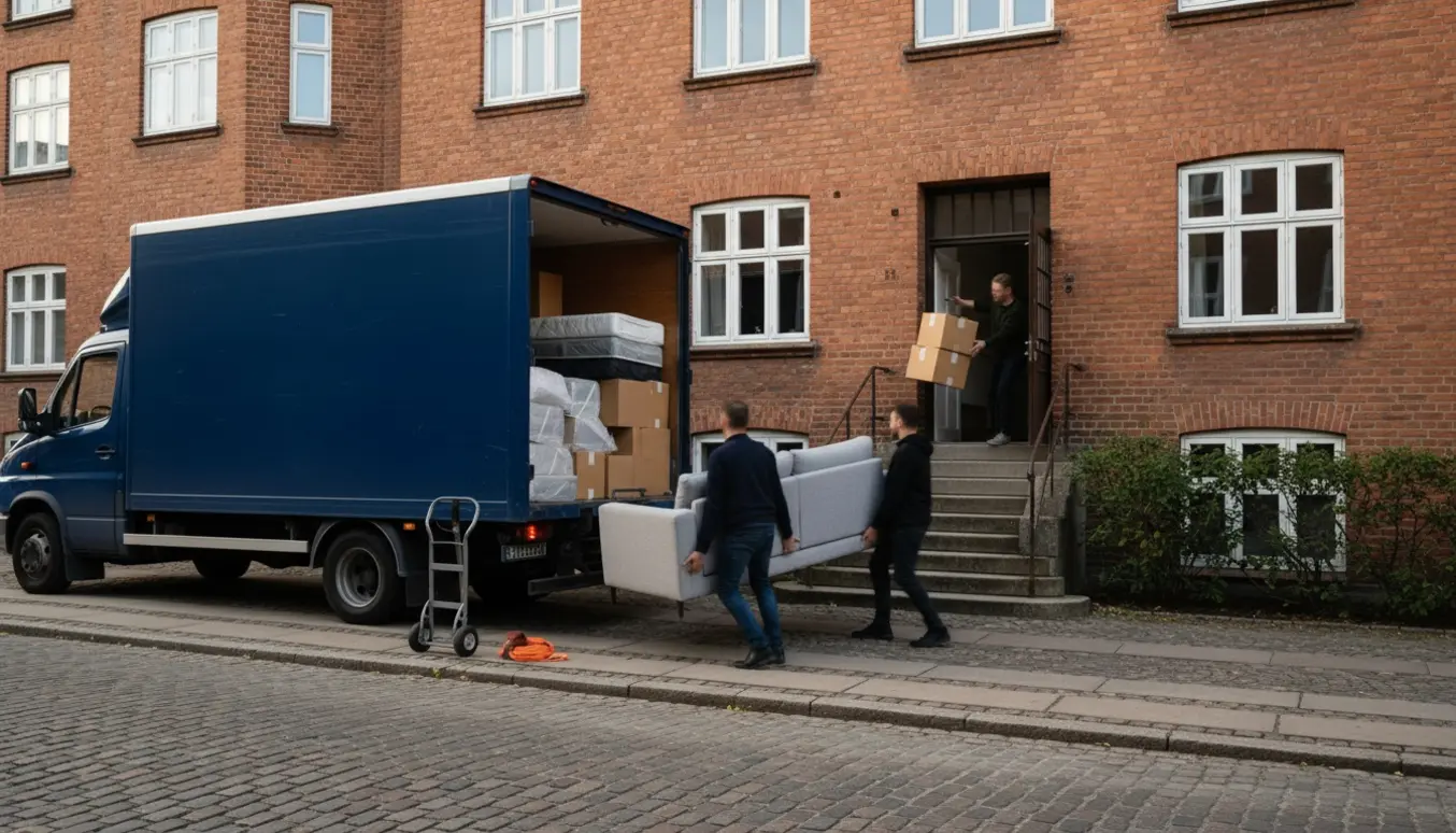 To personer bærer en todelt sofa op ad en trappe foran en rød murstensbygning med flyttevogn og pakkede kasser på gaden.