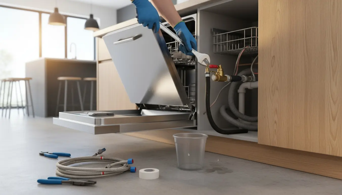 En tekniker udskifter vandslangen og tilslutter en ny opvaskemaskine i et åbent køkkenskab.