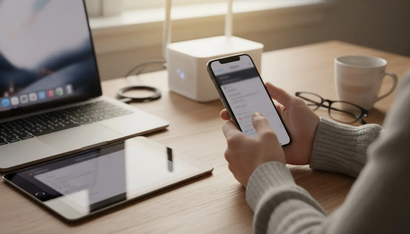 Nærbillede af hænder, der fejlfinder e-mail på en iPhone og iPad på et skrivebord.