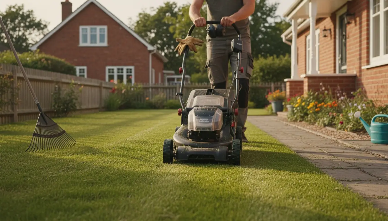 Person set bagfra klipper en forhave med en moderne plæneklipper, der efterlader tydelige stribede snit.