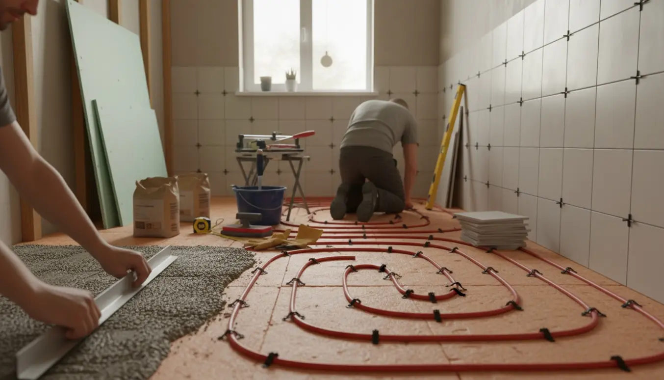 Lille badeværelse under renovering med gulvvarmerør på isolering, murer, frisk opstøbt gulv og delvist opsatte 15x15 cm fliser.