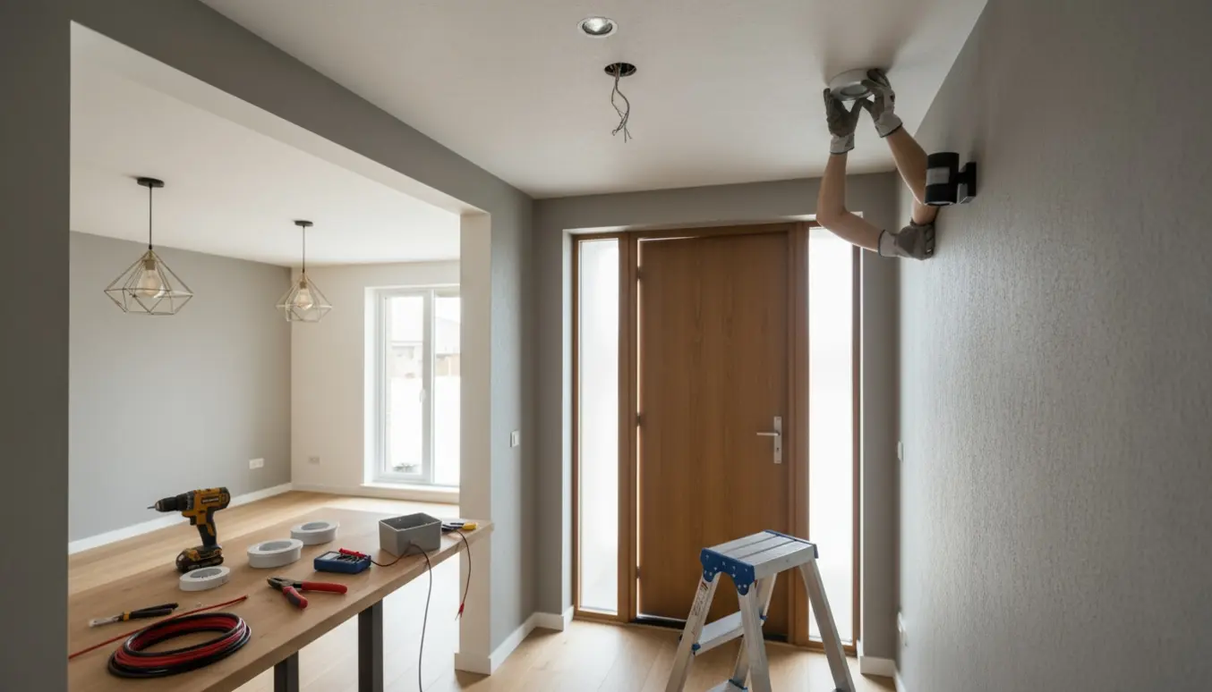 Elektriker installerer indendørs spots og en udendørs sensorlampe ved husets indgang, kun hænder og værktøj synlige.