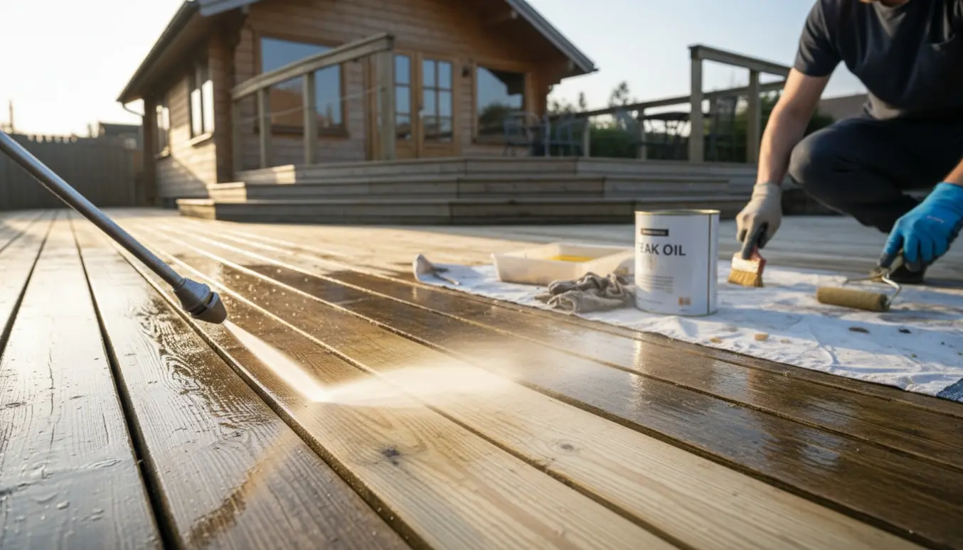 Højtryksrensning af en træterrasse ved sommerhuset og påføring af teakolie, med synligt før/efter på brædderne.