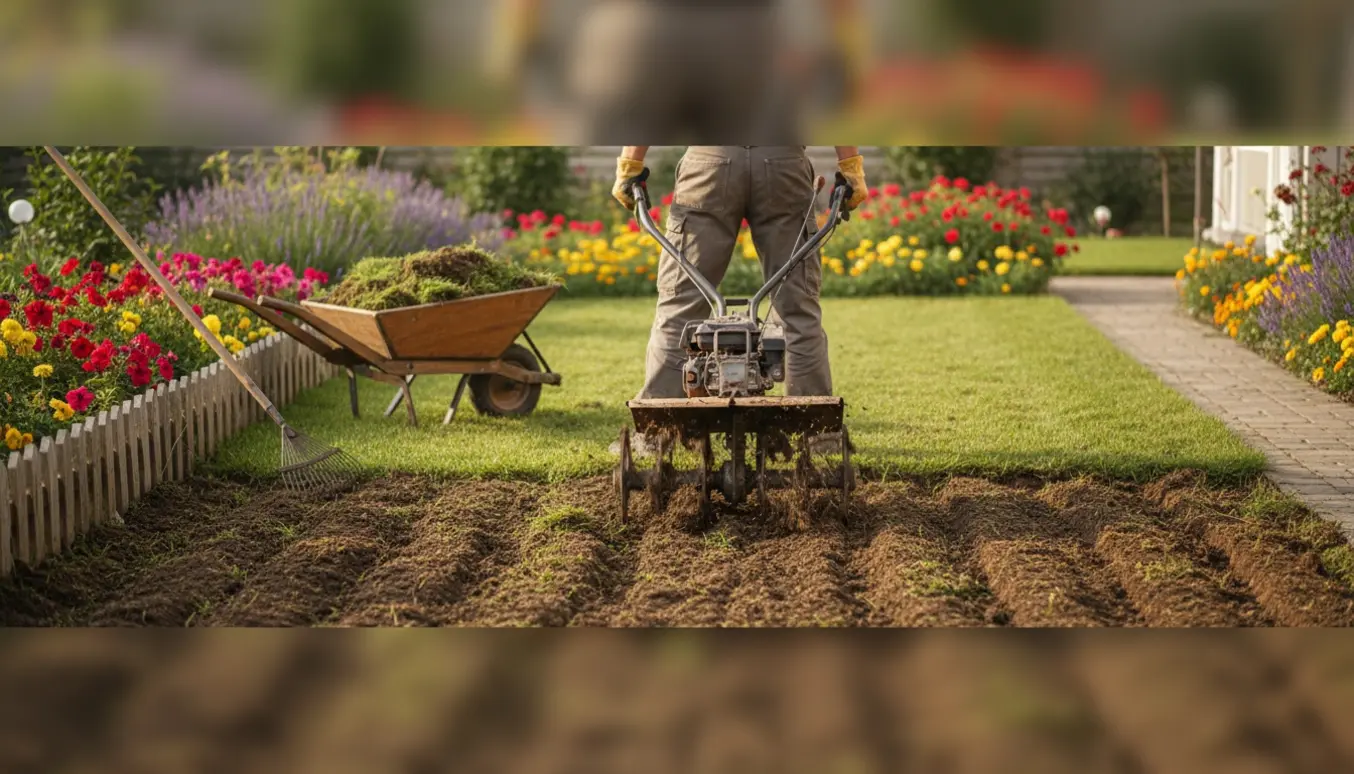 Havefræser i gang med at fræse en lille græsplæne, hvor jord og græstotter vendes op.