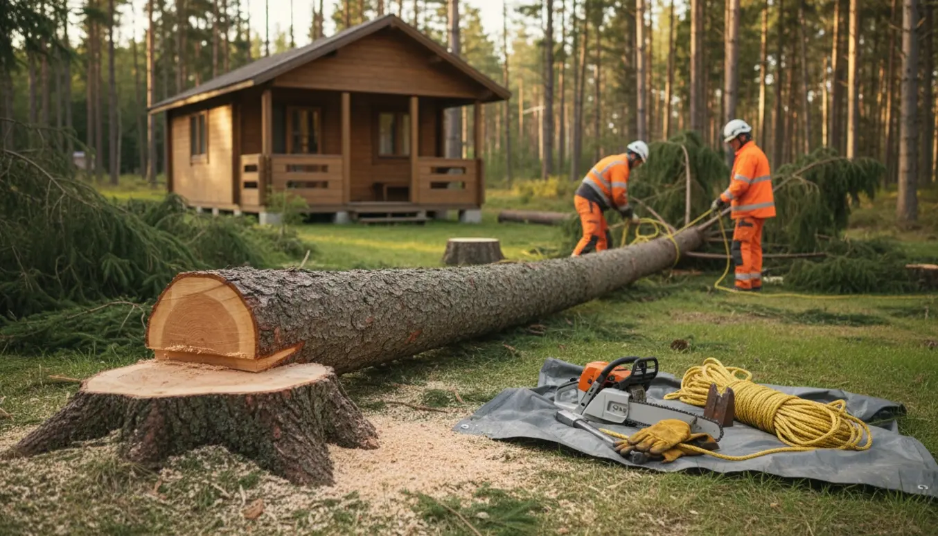 Fældning af tre store nåletræer ved et sommerhus med fældet stamme, savsmuld og værktøj i forgrunden.