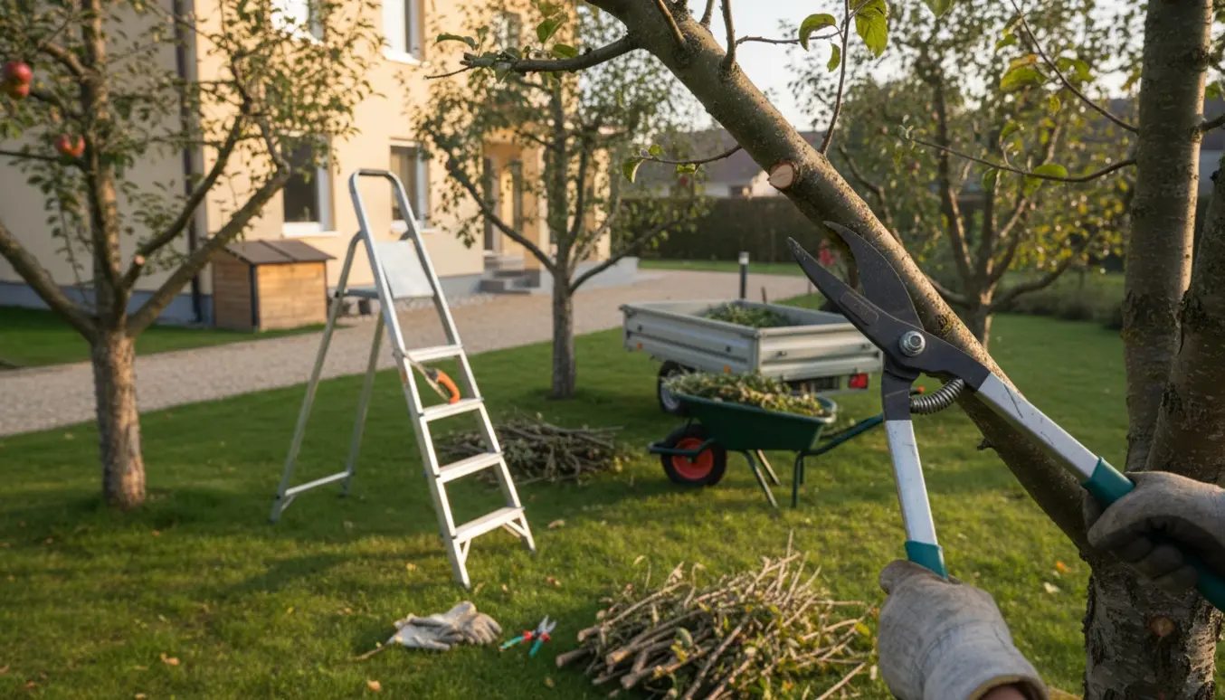 Beskæring af fem æbletræer i en villahave med stige, beskæringsredskaber og trailer til bortkørsel af haveaffald.