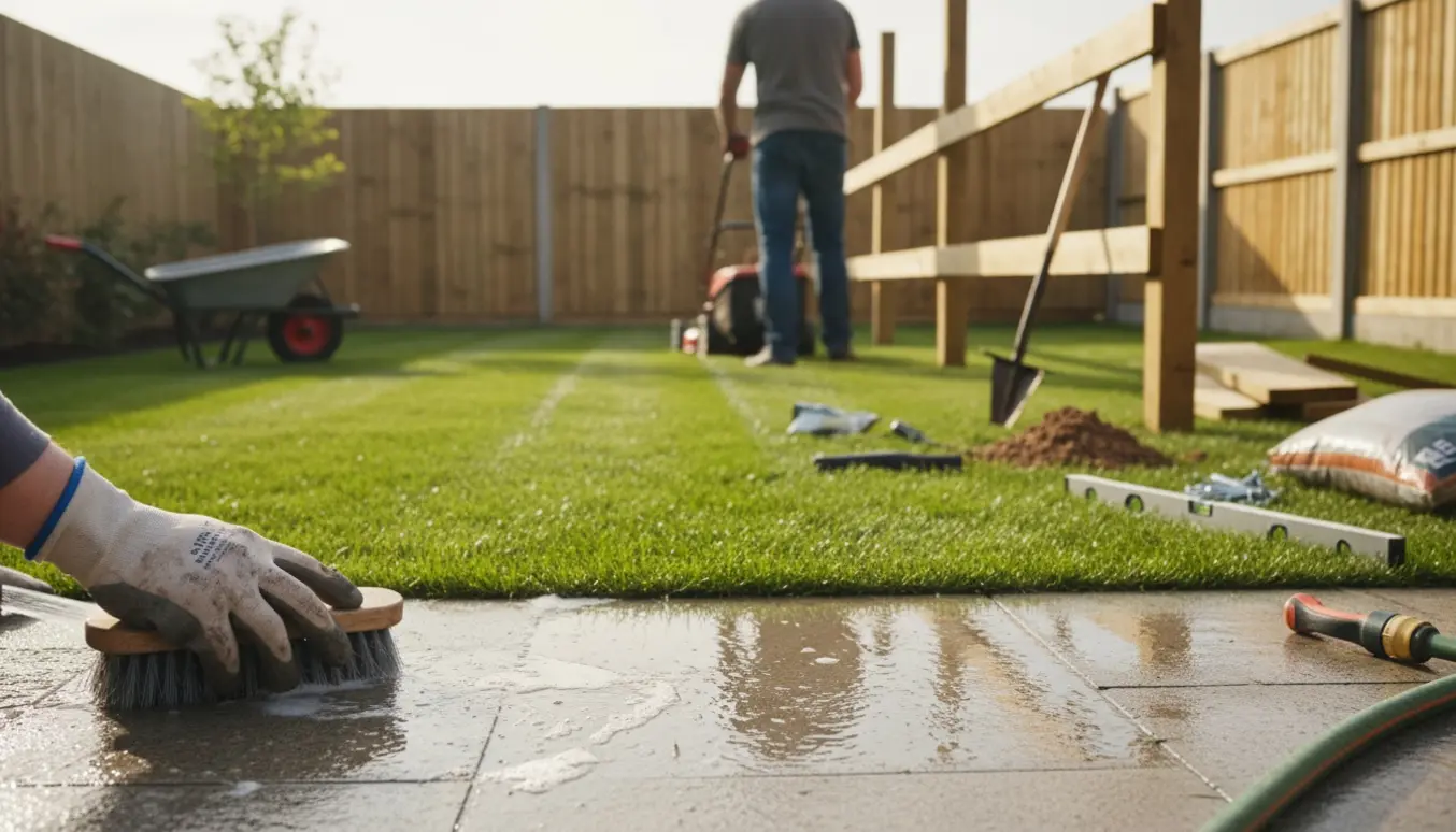 Hænder renser fliser i forgrunden, nyslået græs midt i billedet og opstilling af et trægærde i baggrunden.