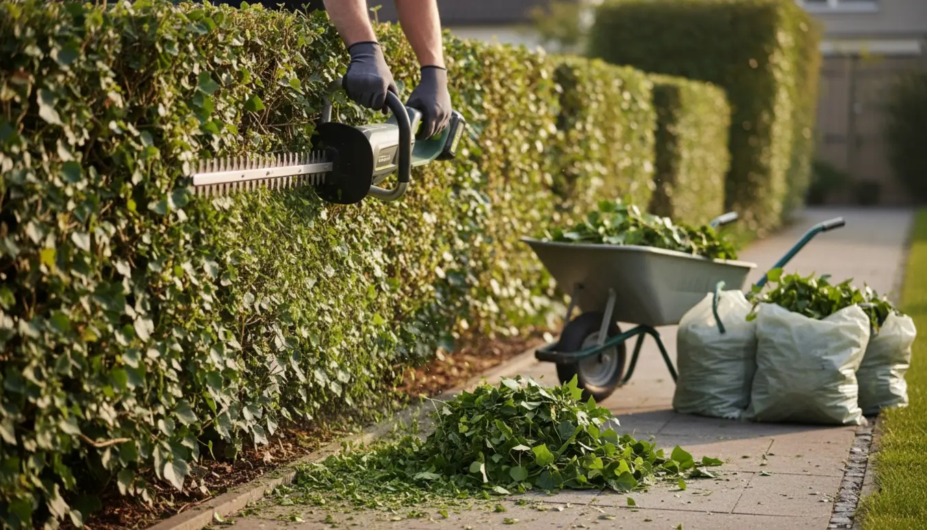 Hænder i handsker klipper en lang efeuhæk med en batteridrevet hækklipper, mens afklip samles til bortskaffelse.