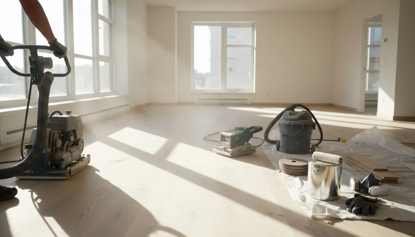Lys lejlighed hvor gulvslibning er i gang med slibemaskine, nyslebne trægulve og lakudstyr.