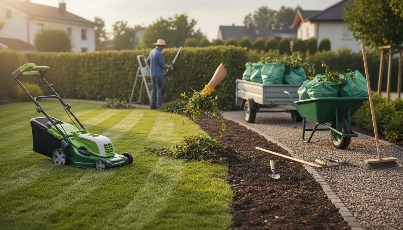 Nyslået græs, nyklippet hæk og en trillebør fyldt med haveaffald set i blødt morgenlys.