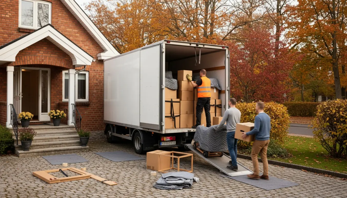 To flyttefolk og en hjælper læsser en flyttebil med kasser og møbler foran et parcelhus.