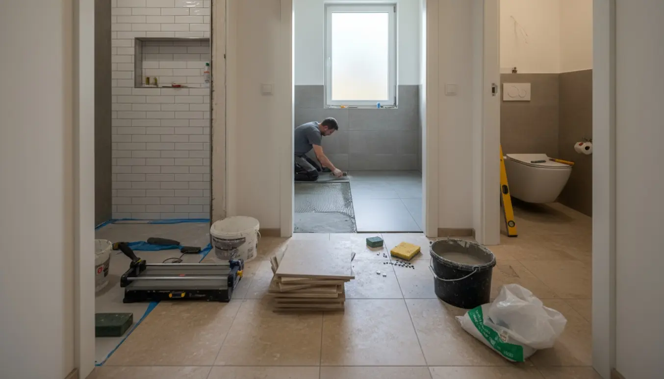 Badeværelse og entre under fliselægning med keramiske gulvfliser, smalle brusenichefliser og sandstensgulv.