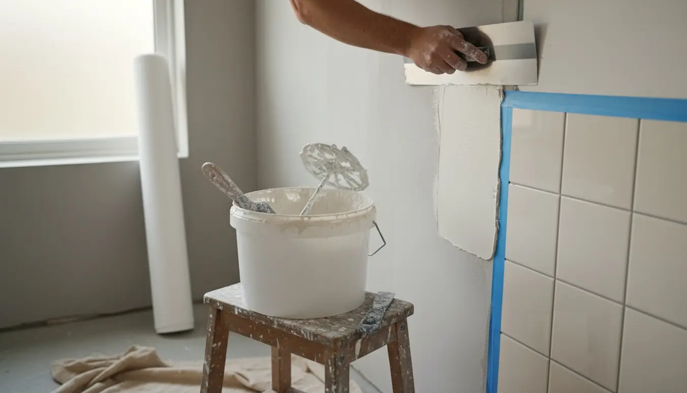 Lille badeværelse under renovering med hånd, der spartler væg ved siden af fliser, filt, spand og værktøj.