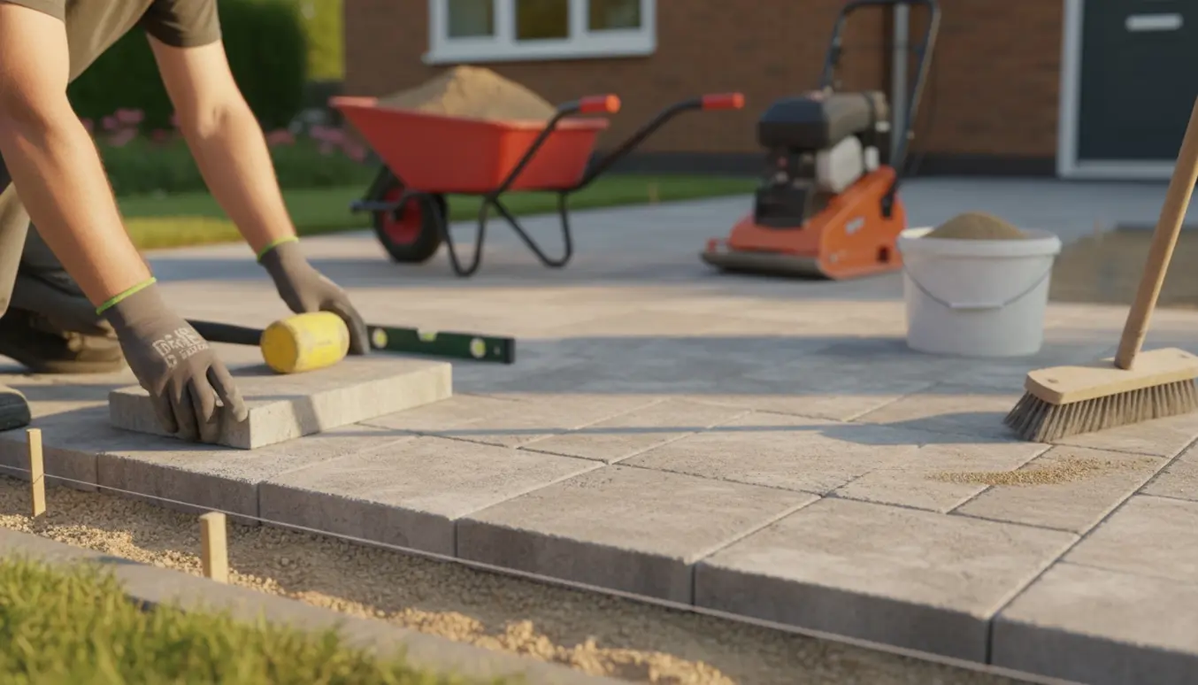 Hænder lægger fliser på en indkørsel med gummihammer, fuge sand og værktøj i naturligt lys.