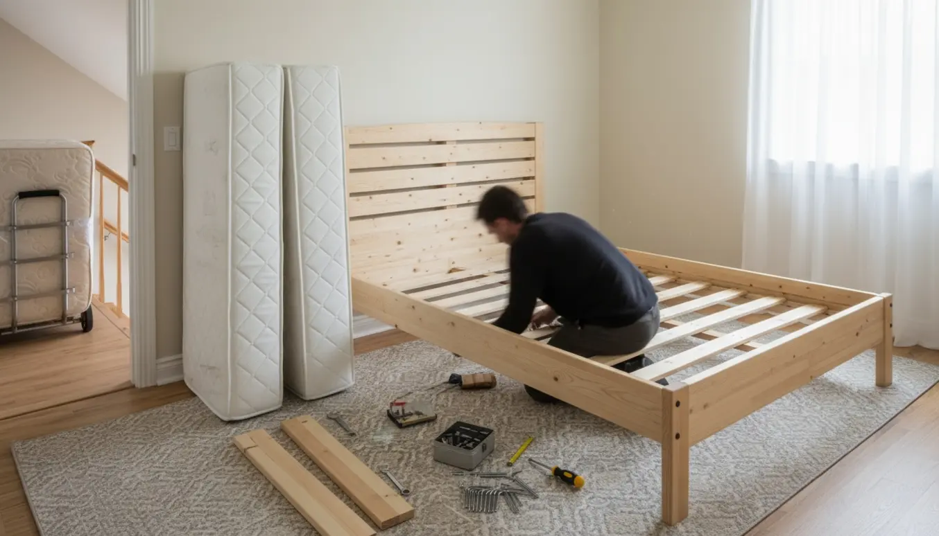 Samling af en dobbeltseng i et lille soveværelse med ramme, ben, to madrasser og værktøj, med en smal opgang i baggrunden.