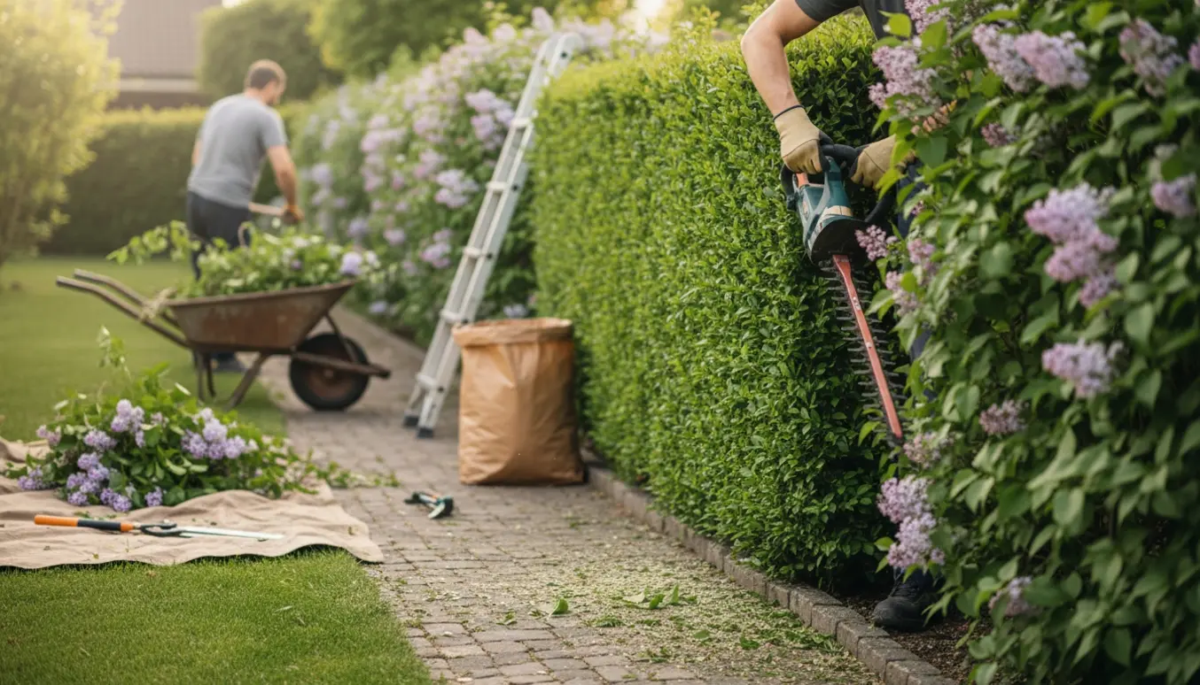 Lang syrenhæk halvvejs klippet med haveredskaber og en person set bagfra, der læsser grene i en trillebør.