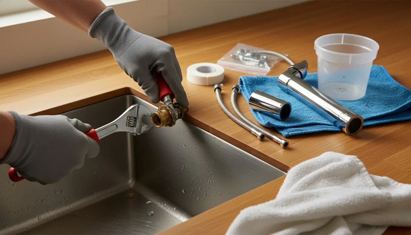 Nærbillede af udskiftning af køkkenvandhane med værktøj og nyt kromarmatur ved vasken.