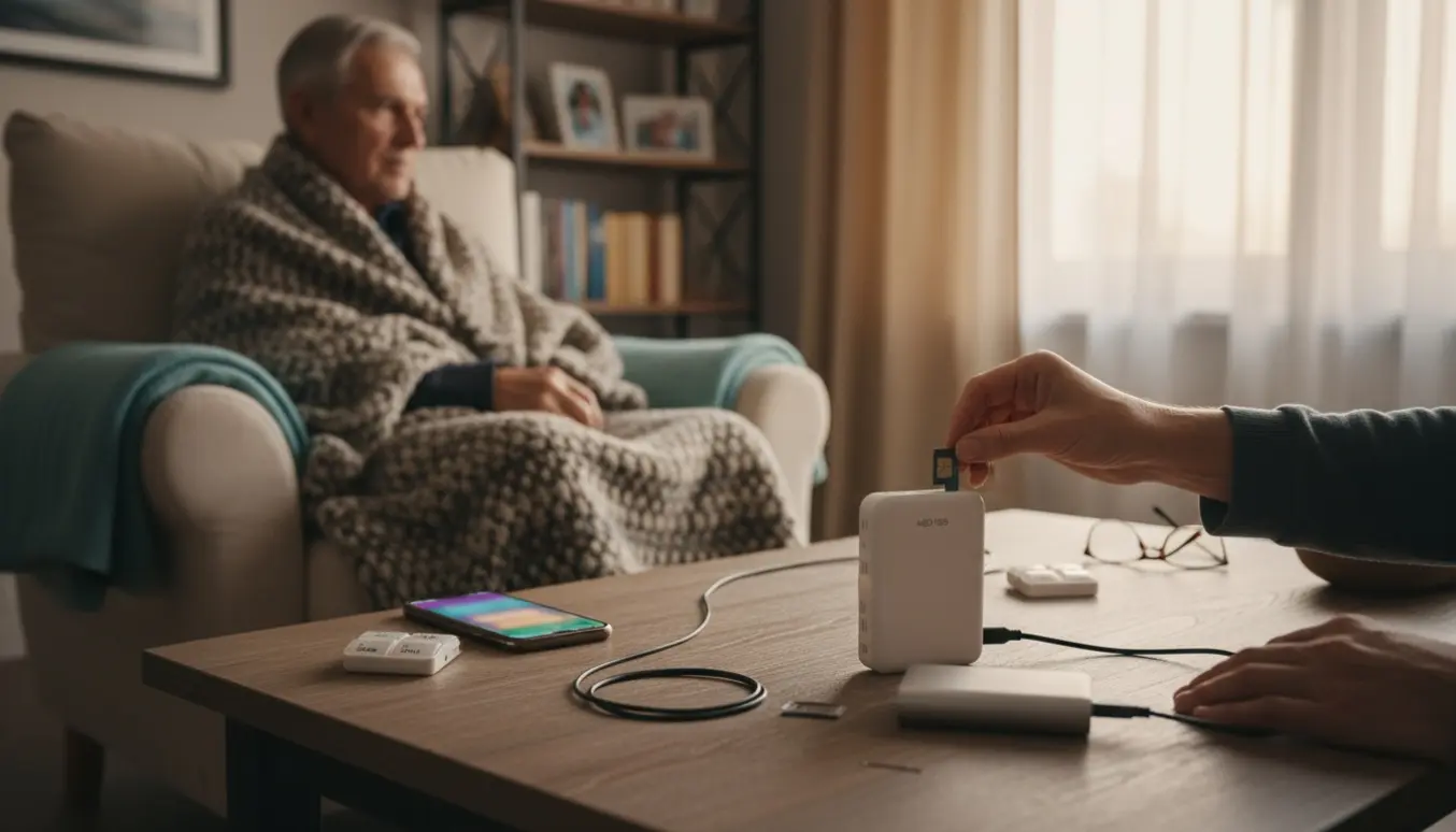 Hænder sætter en bærbar 4G/5G-router op ved en ældre mand i en stue for midlertidigt internet.
