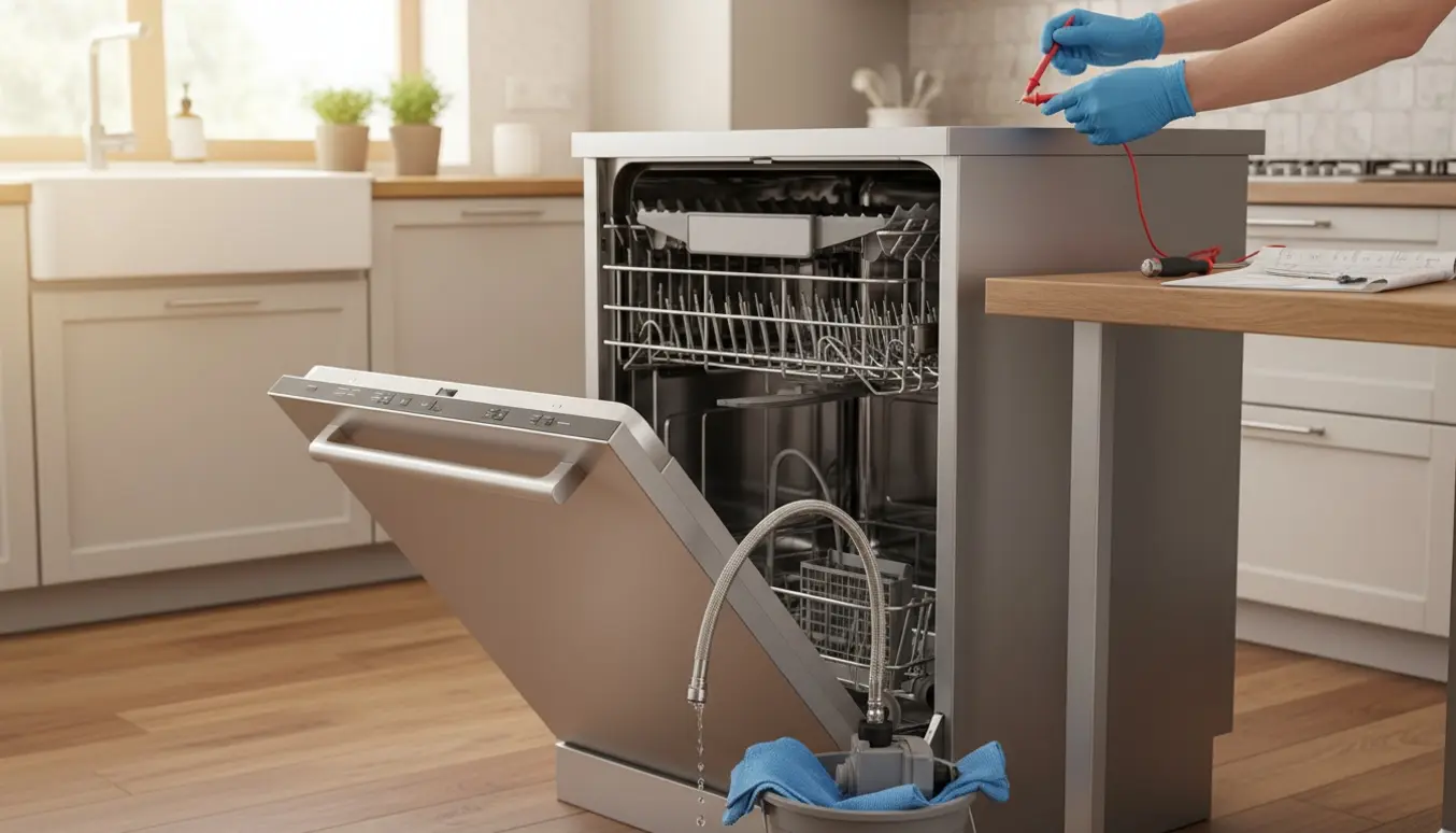 Åben opvaskemaskine med fjernet bundpanel og værktøj, mens en hånd i handsker tester vandtilførslen.