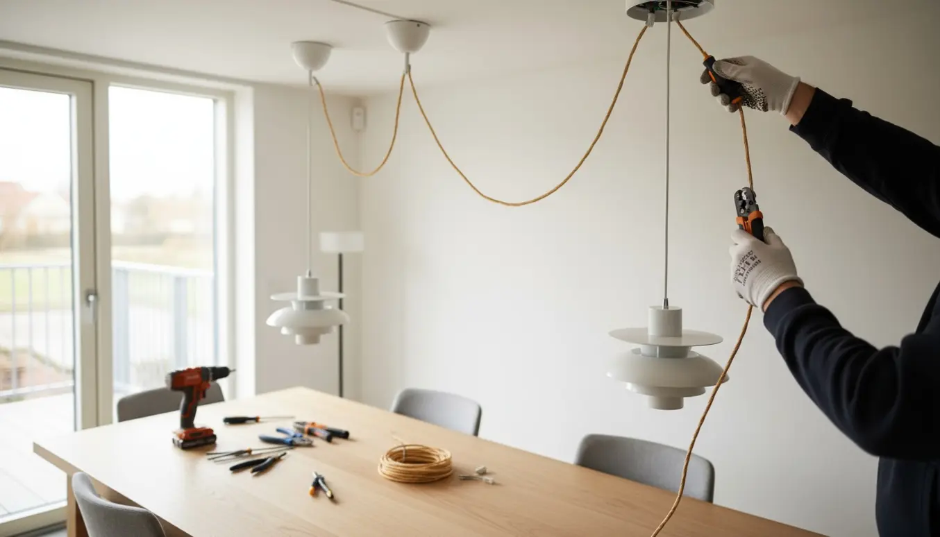 To små hvide PH‑5 mini-lamper monteres i et gipsloft over et spisebord, med værktøj og en elektrikers hænder i fokus.