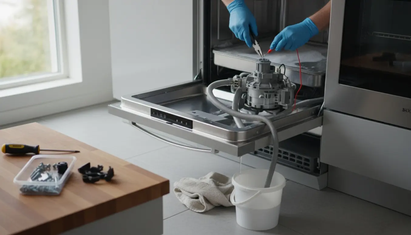 Åben opvaskemaskine med stillestående vand og en tekniker, der inspicerer afløbspumpen med værktøj i et lyst køkken.